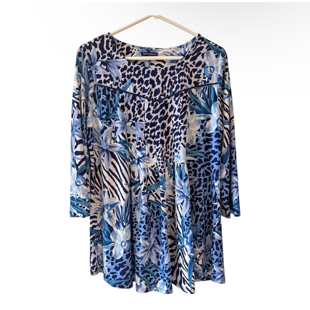Ava & Grace Tropical Animal Print Tunic Top XL Blue‎ Floral Boho